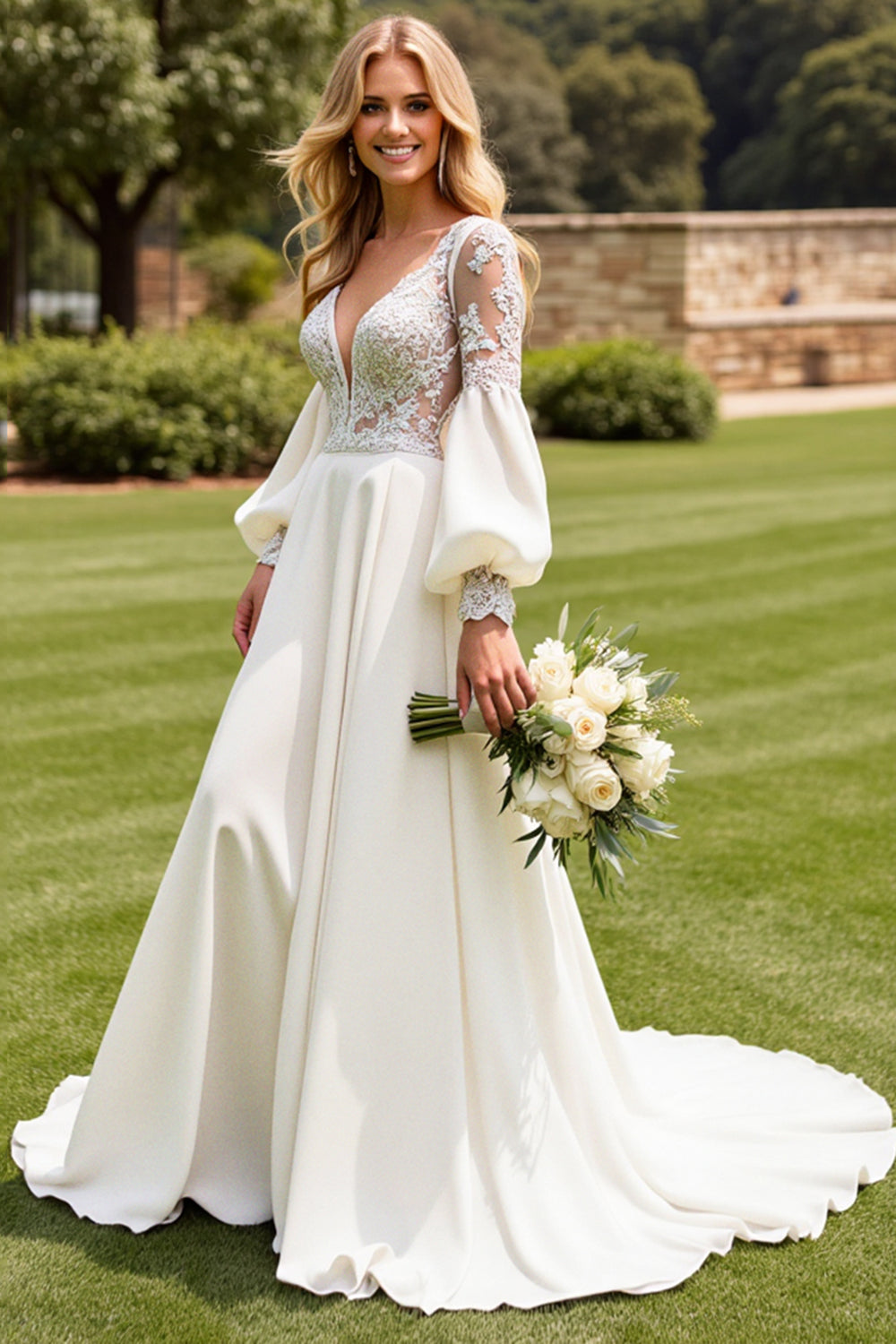Long Sleeves A Line Ivory Wedding Dress with Appliqueds