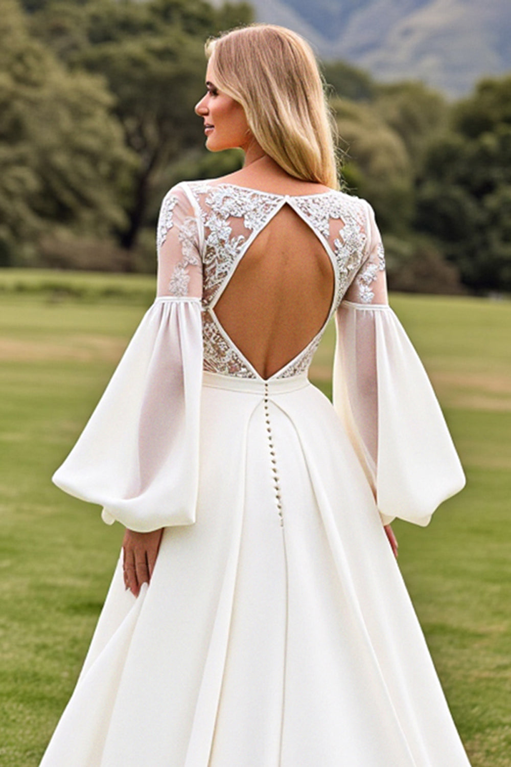 Long Sleeves A Line Ivory Wedding Dress with Appliqueds