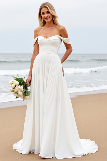 Off the Shoulder Pleated A Line Ivory Wedding Dress