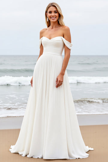 Off the Shoulder Pleated A Line Ivory Wedding Dress