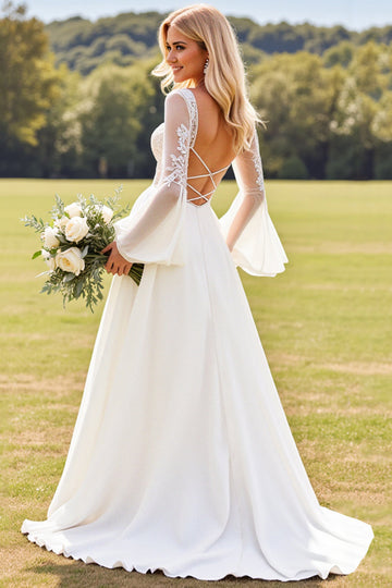 Ivory Lace Long Sleeves V Neck A Line Chiffon Wedding Dress