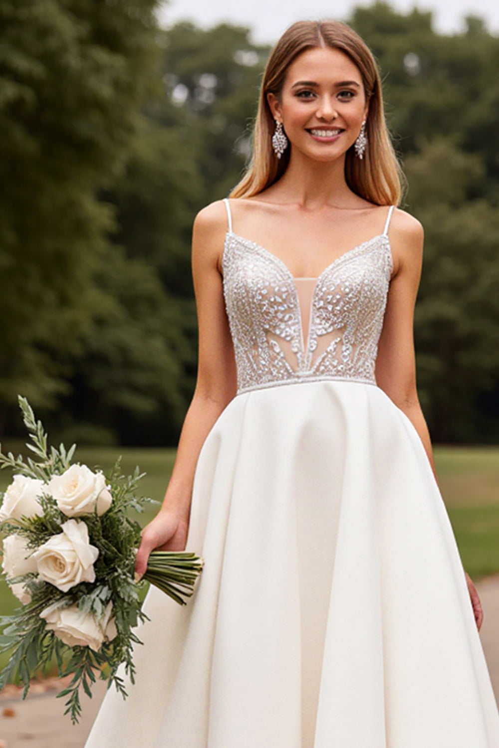 Satin Lace Ivory Spaghetti Straps A Line Weding Dress with Beading