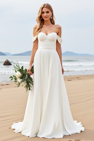 Ivory Chiffon A Line Pleated Off The Shoulder Wedding Dress
