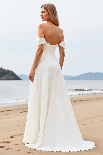 Ivory Chiffon A Line Pleated Off The Shoulder Wedding Dress