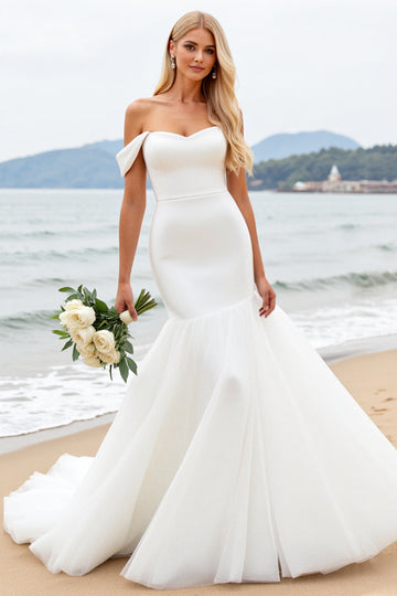 Off the Shoulder Mermaid Ivory Organza Wedding Dress