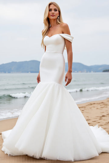 Off the Shoulder Mermaid Ivory Organza Wedding Dress