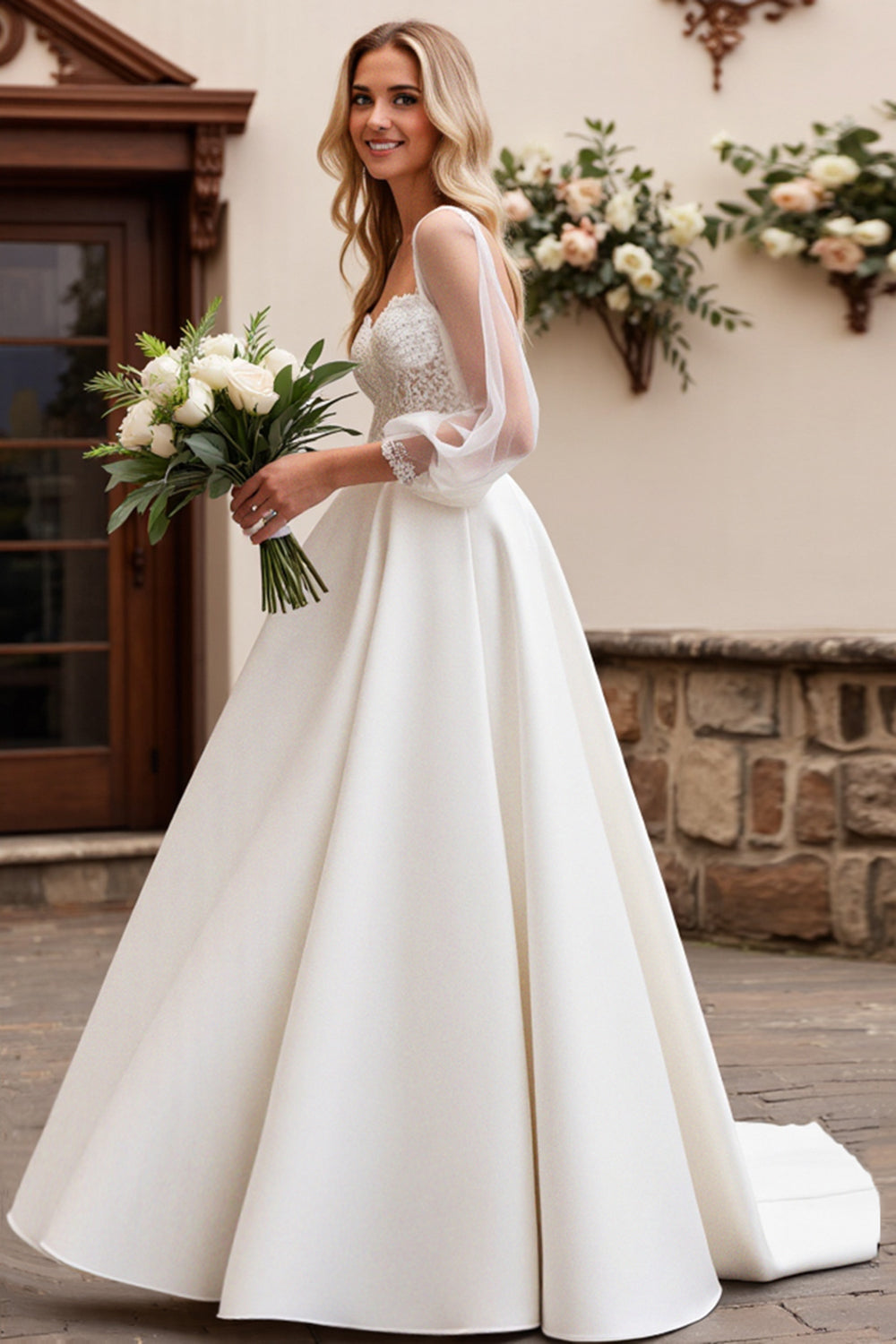 Ivory Satin Tulle 3/4 Sleeves Lace A Line Wedding Dress