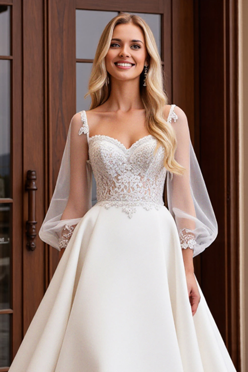 Ivory Satin Tulle 3/4 Sleeves Lace A Line Wedding Dress