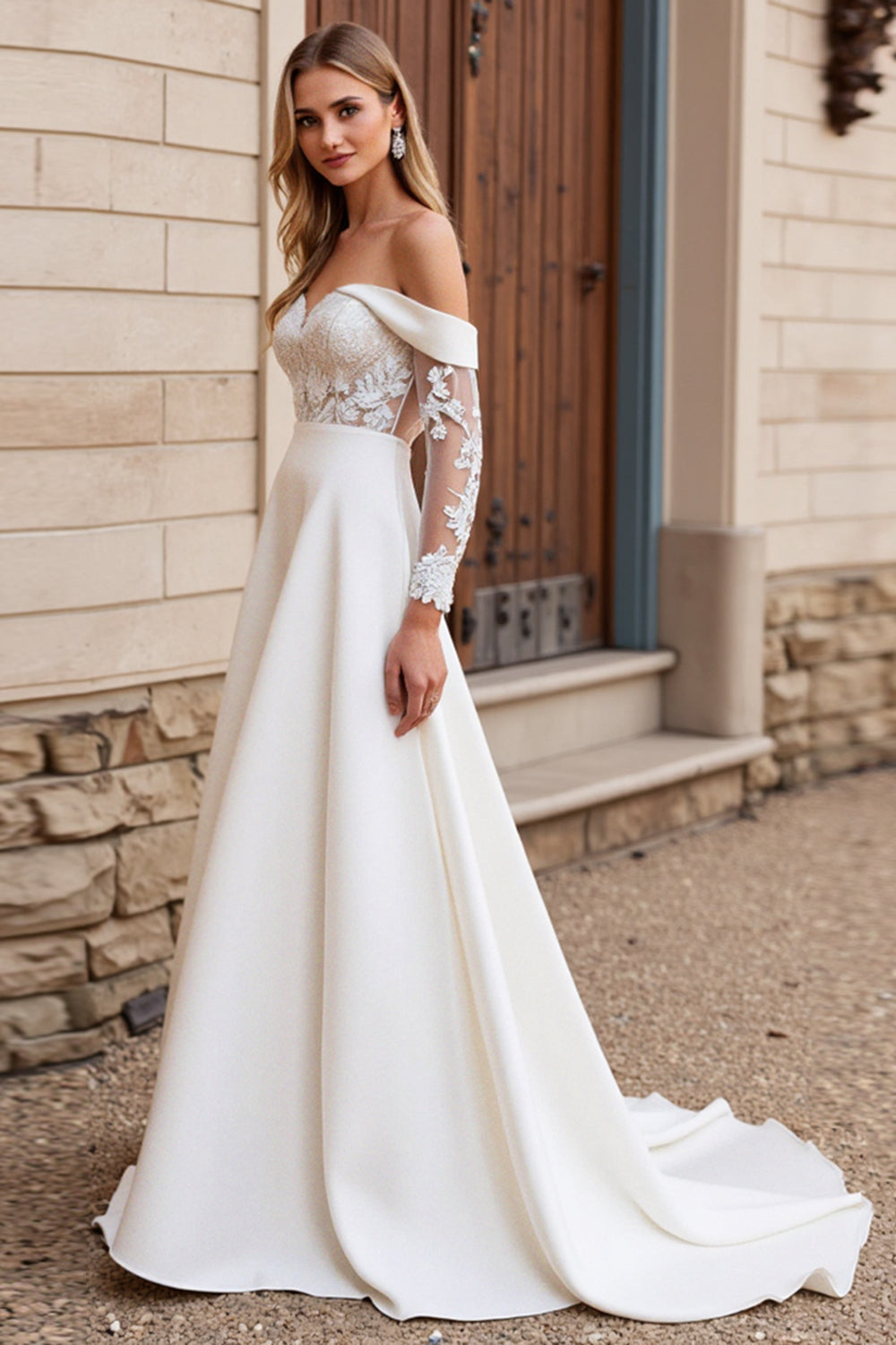 Lace Ivory Off the Shoulder A Line Satin Wedding Dress
