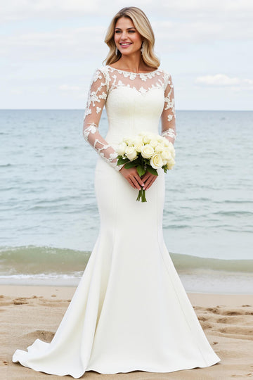 Ivory Mermaid Long Sleeves Appliqued Wedding Dress