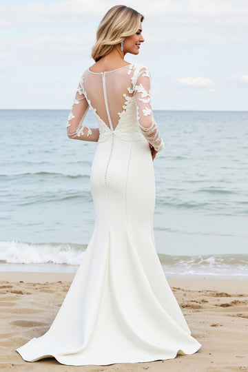 Ivory Mermaid Long Sleeves Appliqued Wedding Dress