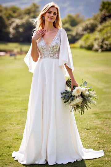 Ivory A Line 3/4 Sleeves Lace Long Wedding Dress