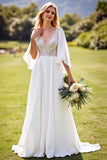 Ivory A Line 3/4 Sleeves Lace Long Wedding Dress
