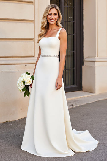 Simple Ivory A Line Spaghetti Straps Long Wedding Dress