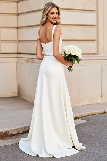 Simple Ivory A Line Spaghetti Straps Long Wedding Dress