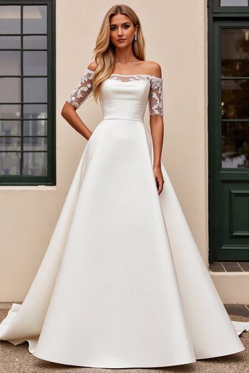 Ivory A Line Off The Shoulder Appliqued Long Wedding Dress