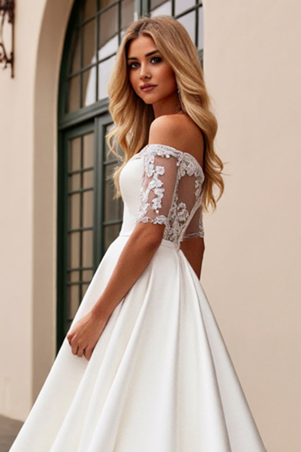 Ivory A Line Off The Shoulder Appliqued Long Wedding Dress