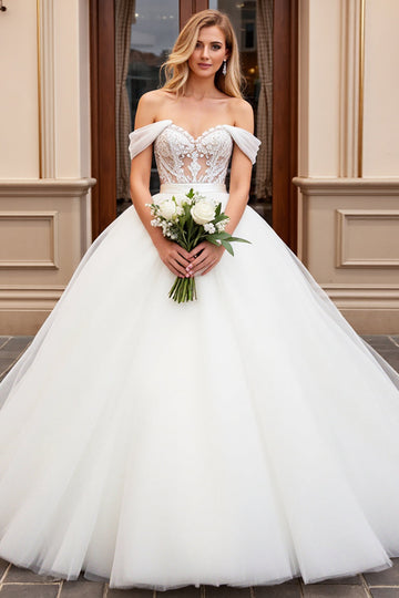 Ivory A Line Off The Shoulder Appliqued Tulle Long Wedding Dress