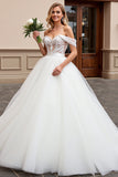 Ivory A Line Off The Shoulder Appliqued Tulle Long Wedding Dress