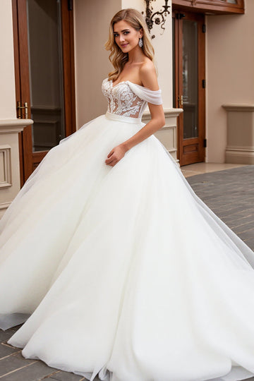 Ivory A Line Off The Shoulder Appliqued Tulle Long Wedding Dress