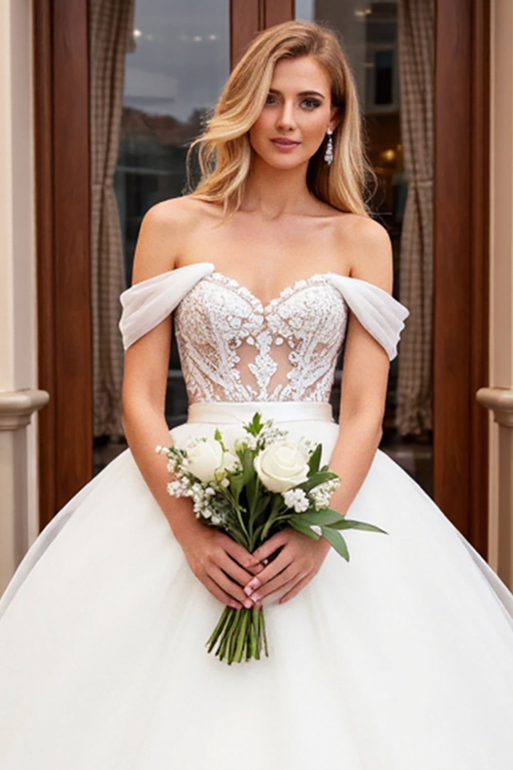Ivory A Line Off The Shoulder Appliqued Tulle Long Wedding Dress
