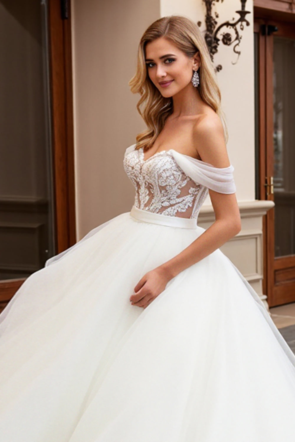 Ivory A Line Off The Shoulder Appliqued Tulle Long Wedding Dress