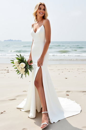 Ivory Mermaid Spaghetti Straps Wedding Dress with Slit