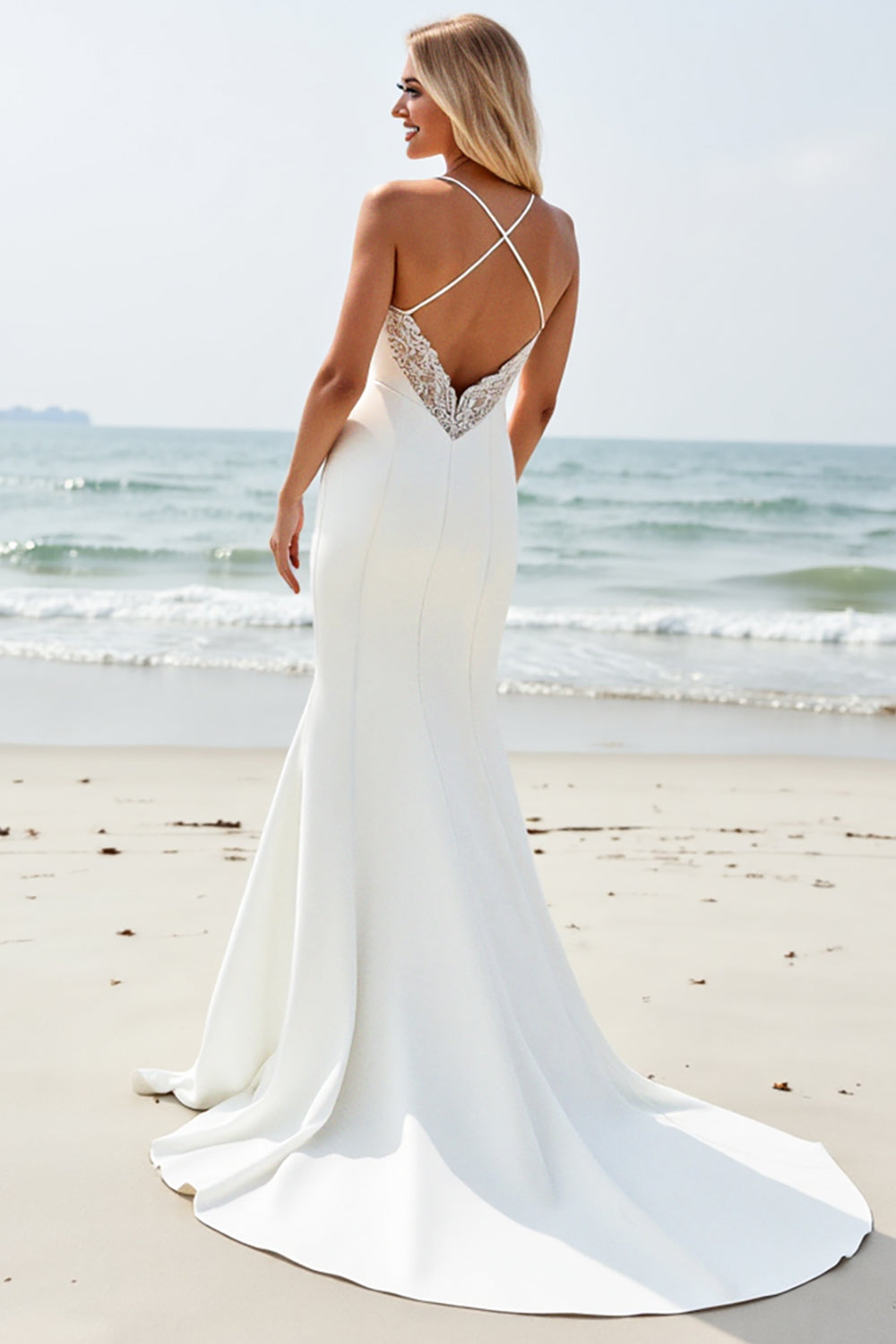 Ivory Mermaid Spaghetti Straps Wedding Dress with Slit