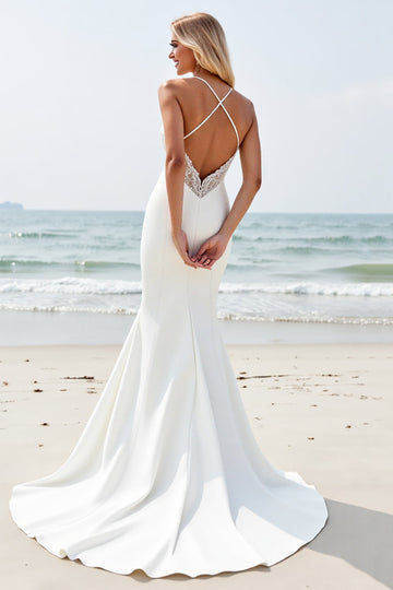 Ivory Mermaid Spaghetti Straps Wedding Dress with Slit