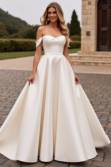 Ivory A Line Off The Shoulder Satin Long Wedding Dress
