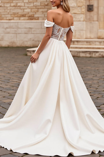 Ivory A Line Off The Shoulder Satin Long Wedding Dress
