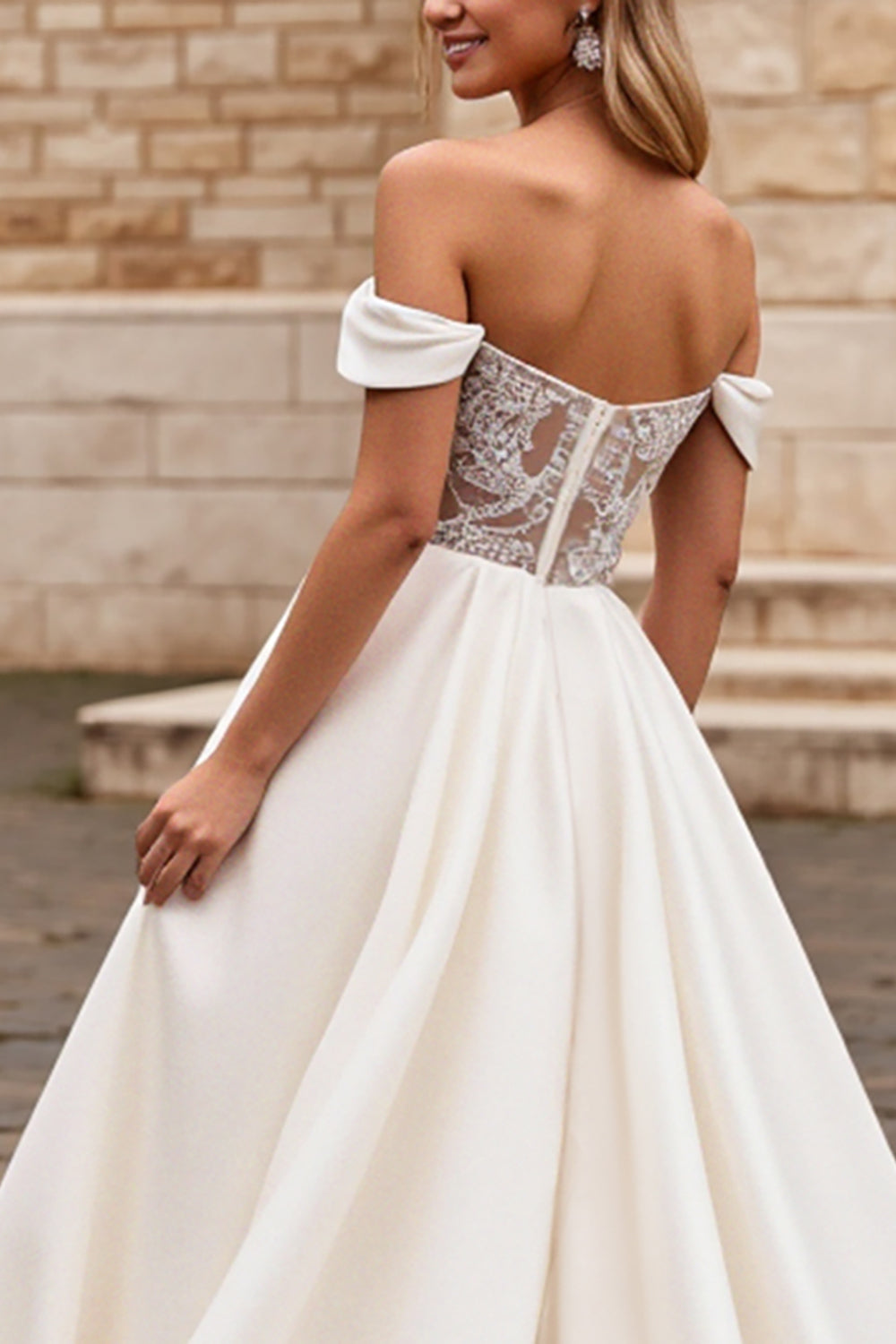 Ivory A Line Off The Shoulder Satin Long Wedding Dress