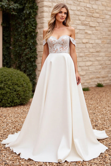 Ivory A Line Off The Shoulder Lace Appliqued Wedding Dress