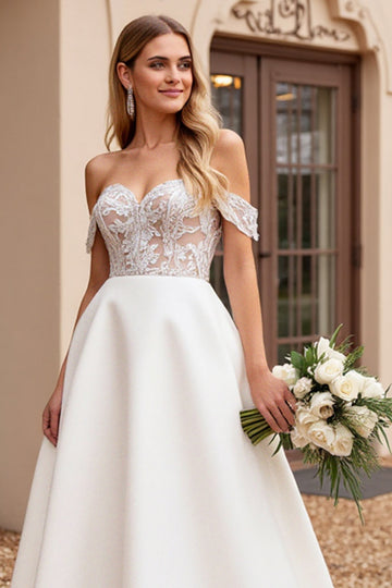 Ivory A Line Off The Shoulder Lace Appliqued Wedding Dress
