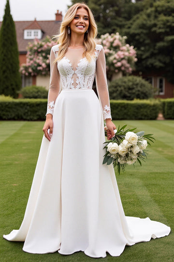 A Line Ivory Long Sleeves Lace Appliqued Wedding Dress