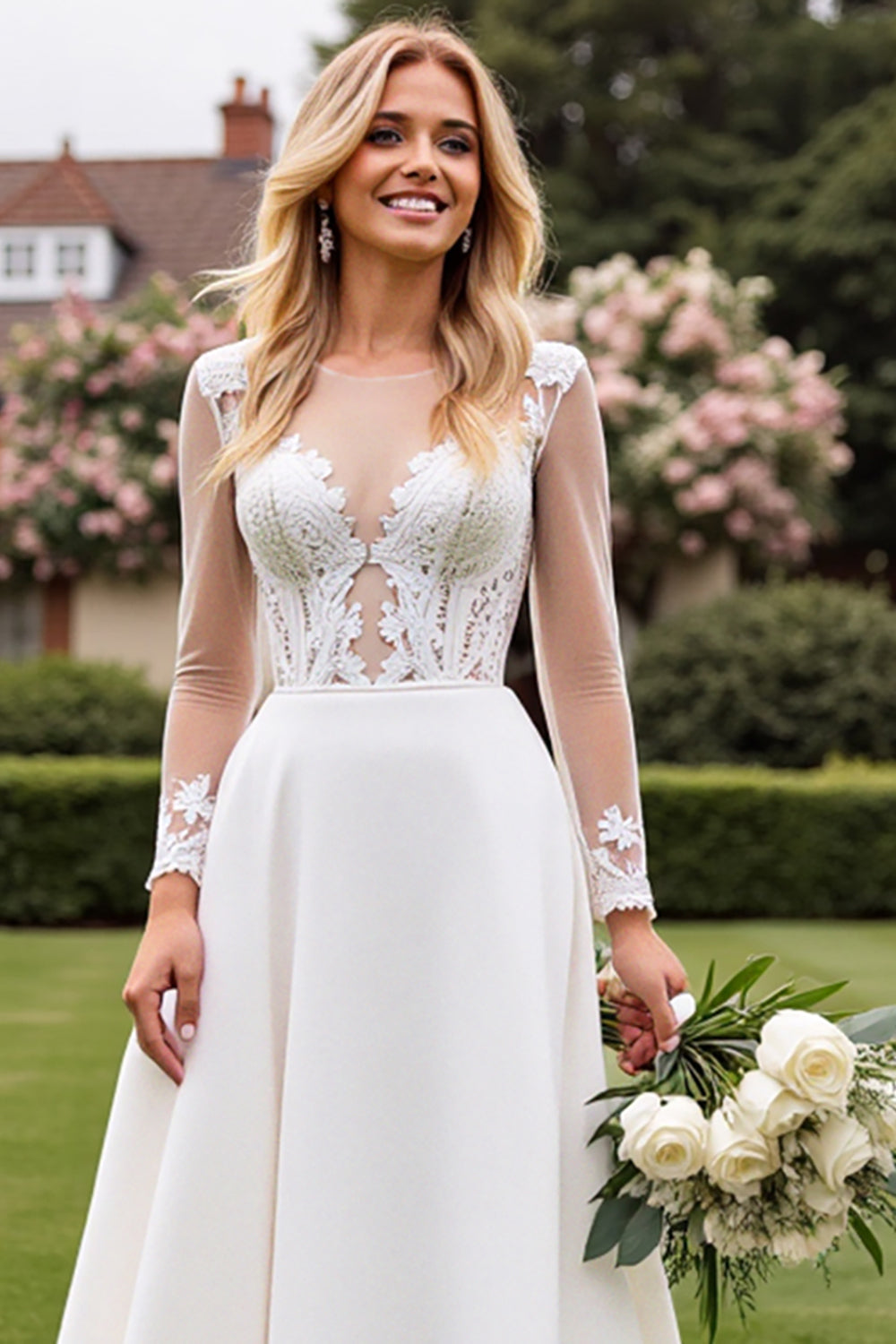A Line Ivory Long Sleeves Lace Appliqued Wedding Dress