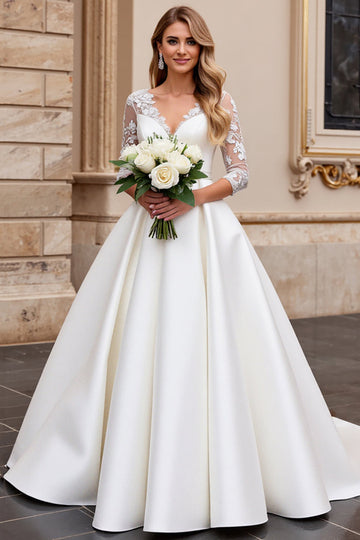 A Line Long Sleeves Ivory Appliqued Wedding Dress