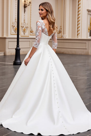 A Line Long Sleeves Ivory Appliqued Wedding Dress