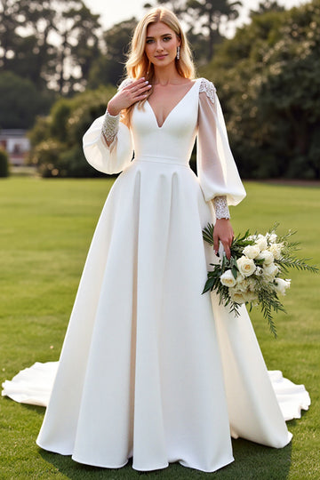 Long Sleeves Ivory A Line Pleated Wedding Dress
