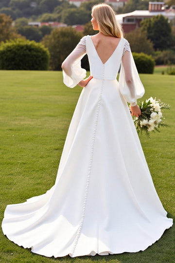 Long Sleeves Ivory A Line Pleated Wedding Dress