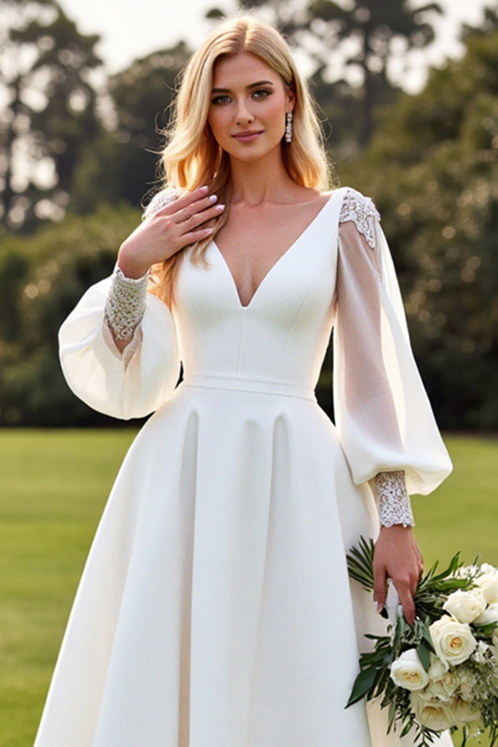 Long Sleeves Ivory A Line Pleated Wedding Dress