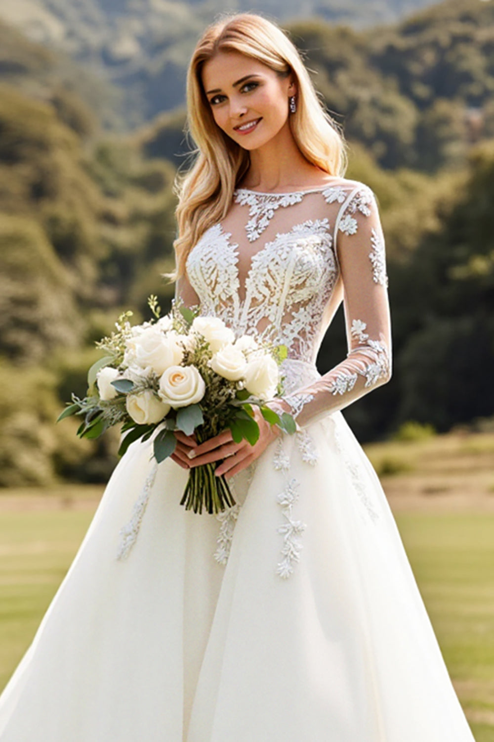 Long Sleeves Ivory A Line Lace Appliqued Wedding Dress
