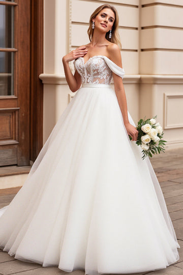 A Line Off The Shoulder Lace Appliqued Ivory Wedding Dress