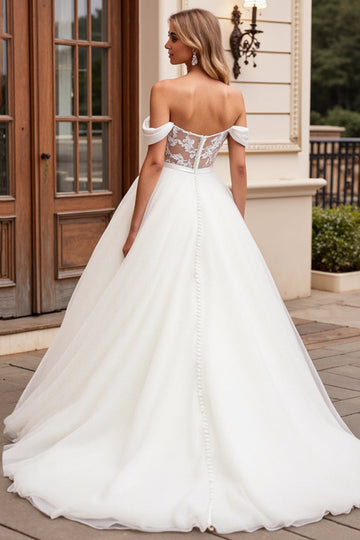 A Line Off The Shoulder Lace Appliqued Ivory Wedding Dress