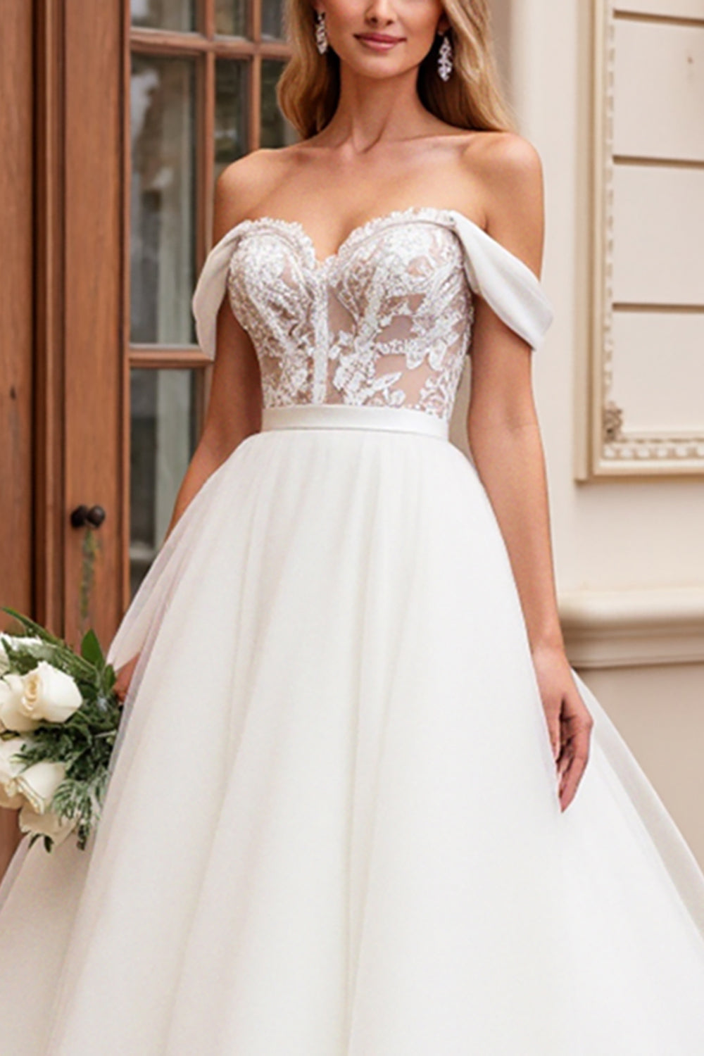 A Line Off The Shoulder Lace Appliqued Ivory Wedding Dress