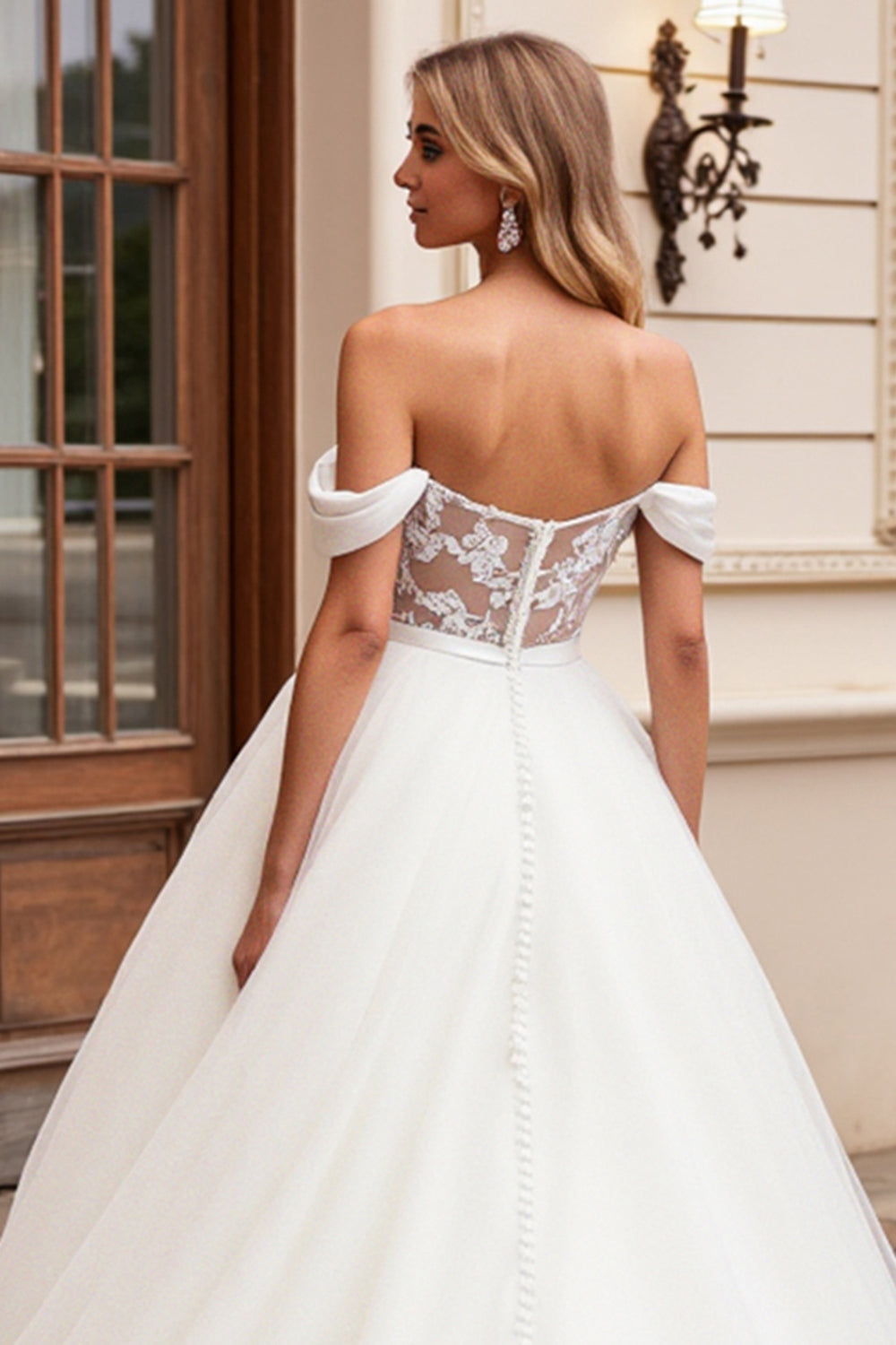 A Line Off The Shoulder Lace Appliqued Ivory Wedding Dress