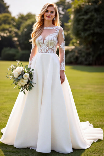 A Line Lace Appliqued Long Sleeves Ivory Wedding Dress