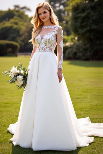 A Line Lace Appliqued Long Sleeves Ivory Wedding Dress