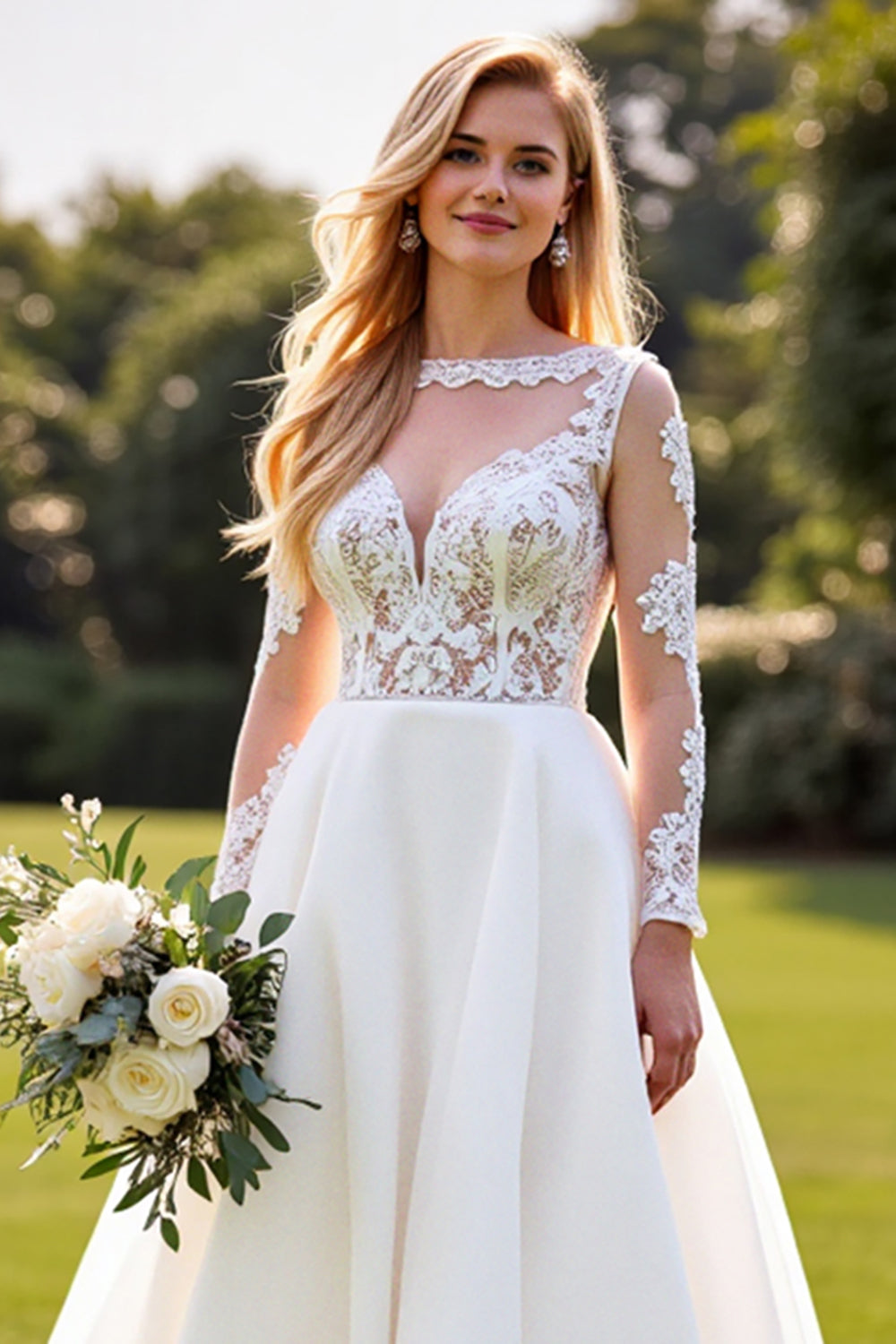 A Line Lace Appliqued Long Sleeves Ivory Wedding Dress