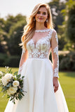 A Line Lace Appliqued Long Sleeves Ivory Wedding Dress